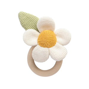 LIVING TEXTILES Teething Ring Rattle Daisy & Leaf