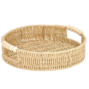 MAYTIME Papier Woven Round Tray With Beaded Handle Natural