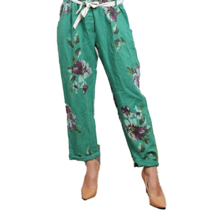 BEAU Marcella Floral Linen Trousers Apple Green (10-14)