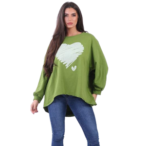 BEAU Scribble Shimmery Heart Sweater Olive