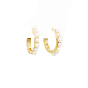 STELLA & GEMMA Earrings Huggie Gold Hoop With Pearl Stones