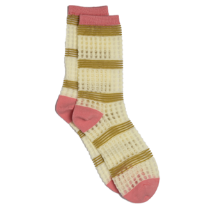 STELLA & GEMMA Socks Cream Waffle Mesh Olive Stripes/Pink Heel