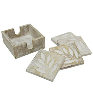 RML Botanica Carved Wooden Coasters Whitewash Set/4